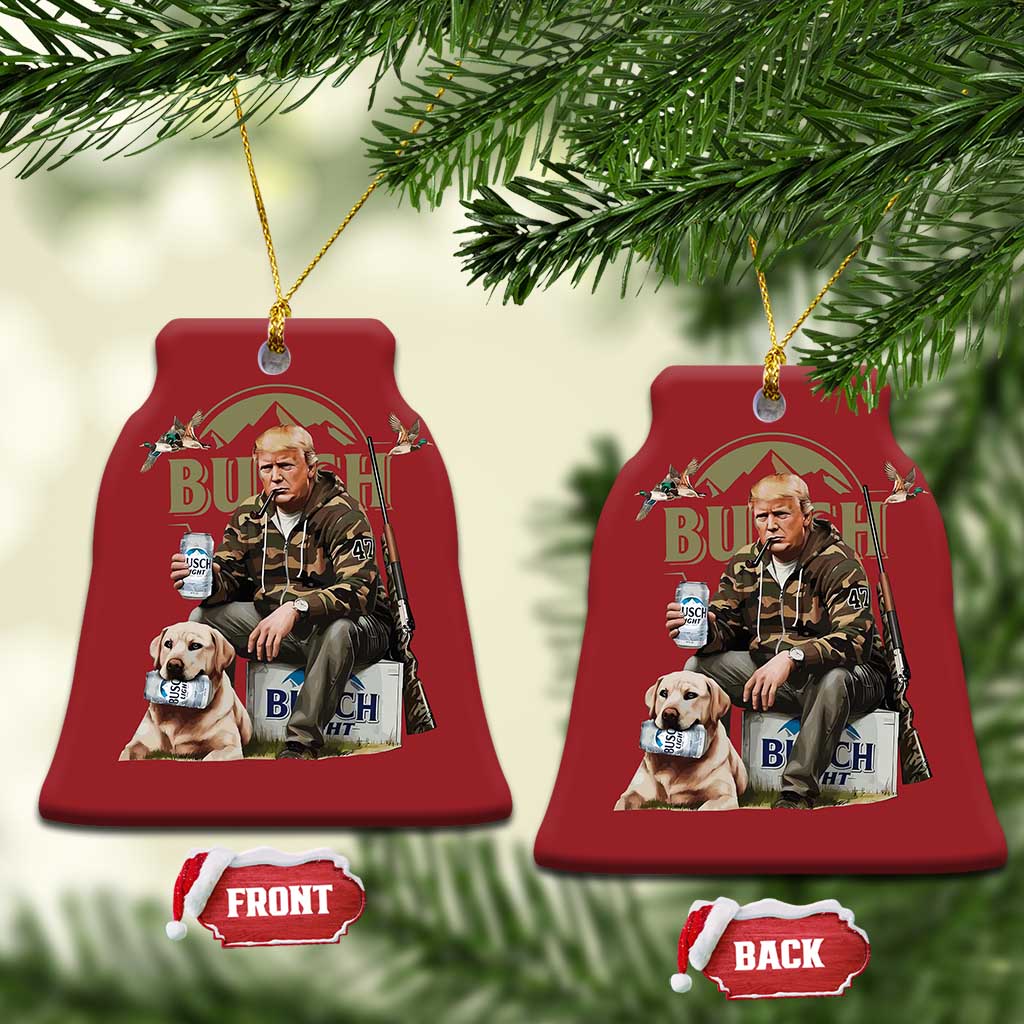 Red bell-shaped Christmas ornament with printed portrait of man and dog; front and back views.