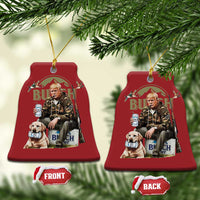 Red bell-shaped Christmas ornament with printed portrait of man and dog; front and back views.