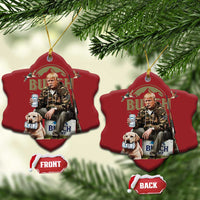 Pair of red heart-shaped Christmas ornaments with printed portrait of man and dog; front/back.