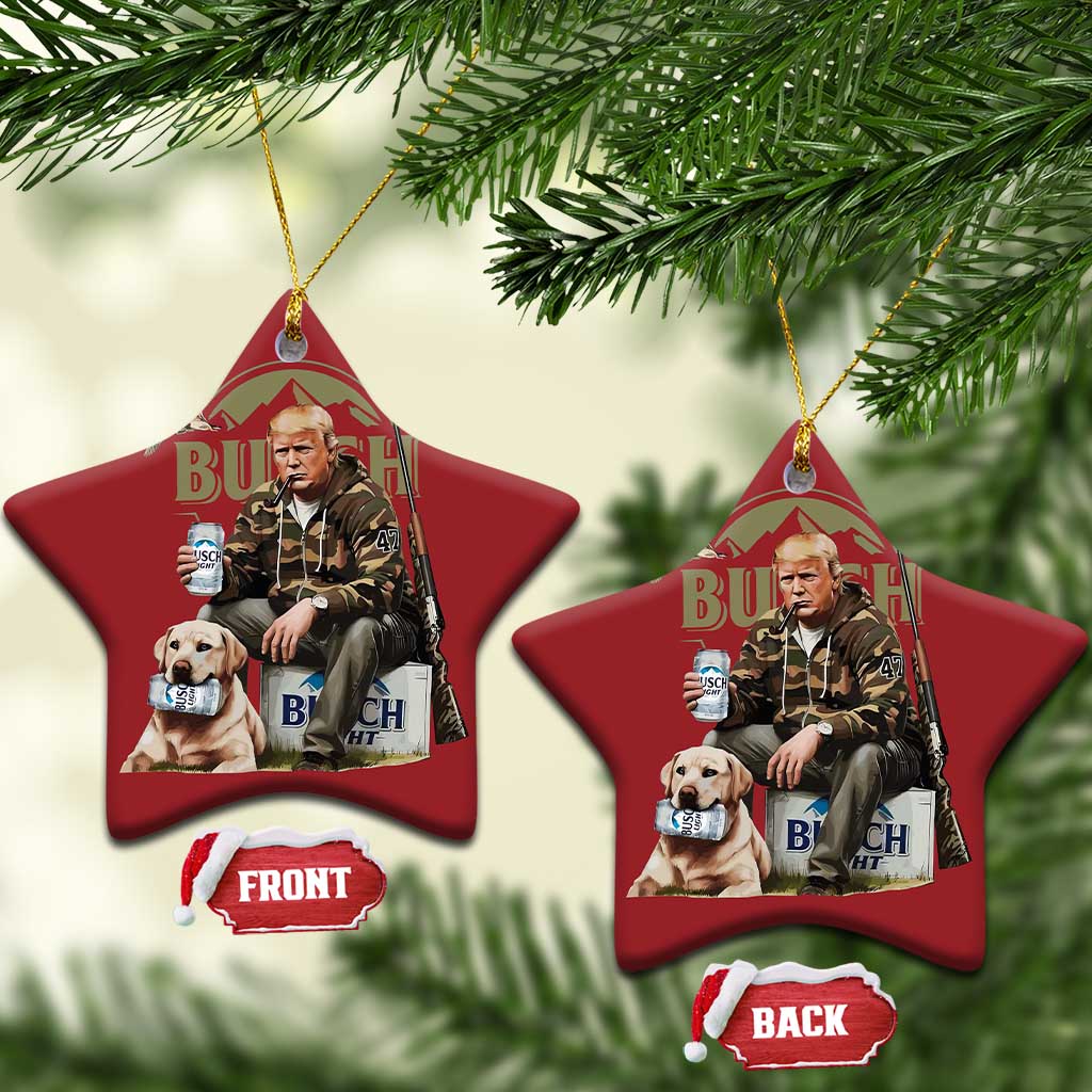 Red star-shaped Christmas ornament with printed portrait of man and dog; front and back tags.