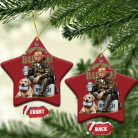 Red star-shaped Christmas ornament with printed portrait of man and dog; front and back tags.