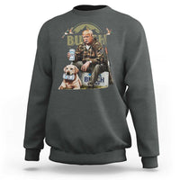 Dark heather sweatshirt with retro cat meme graphic on the chest