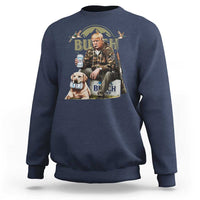 Navy sweatshirt with retro cat meme graphic on the chest
