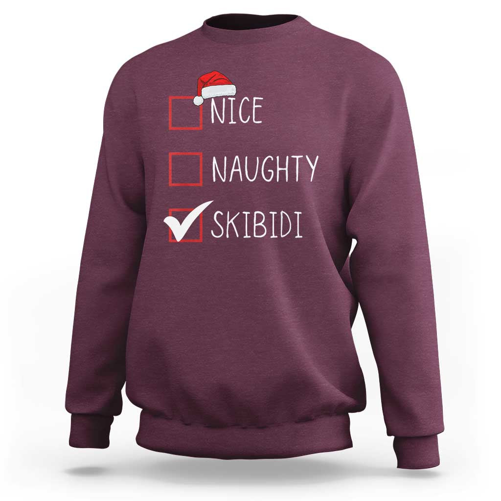 Maroon crewneck sweatshirt with 'NICE NAUGHTY SKIBIDI' graphic and Santa hat icon