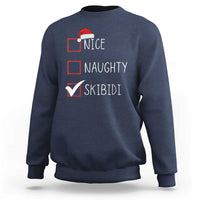 Navy crewneck sweatshirt with 'NICE NAUGHTY SKIBIDI' graphic and Santa hat icon