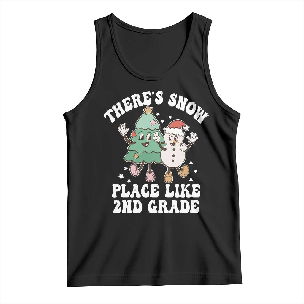 Black teacher tank top with holiday graphic of tree, snowman, and text 'There's Snow Place Like 2nd Grade'