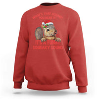 Red crewneck sweatshirt with front squirrel graphic and red holiday-style text