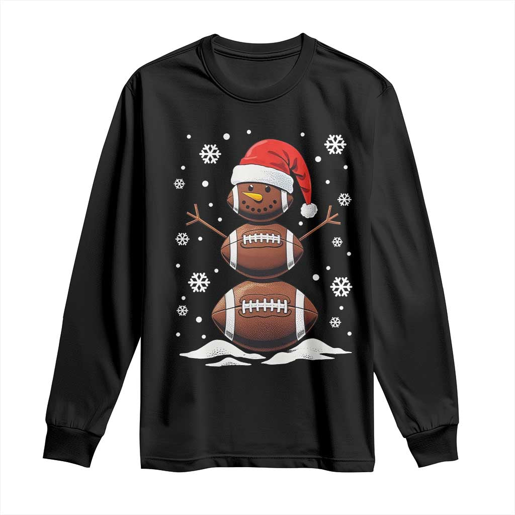 Black long-sleeve shirt with football snowman graphic and winter snowflake design