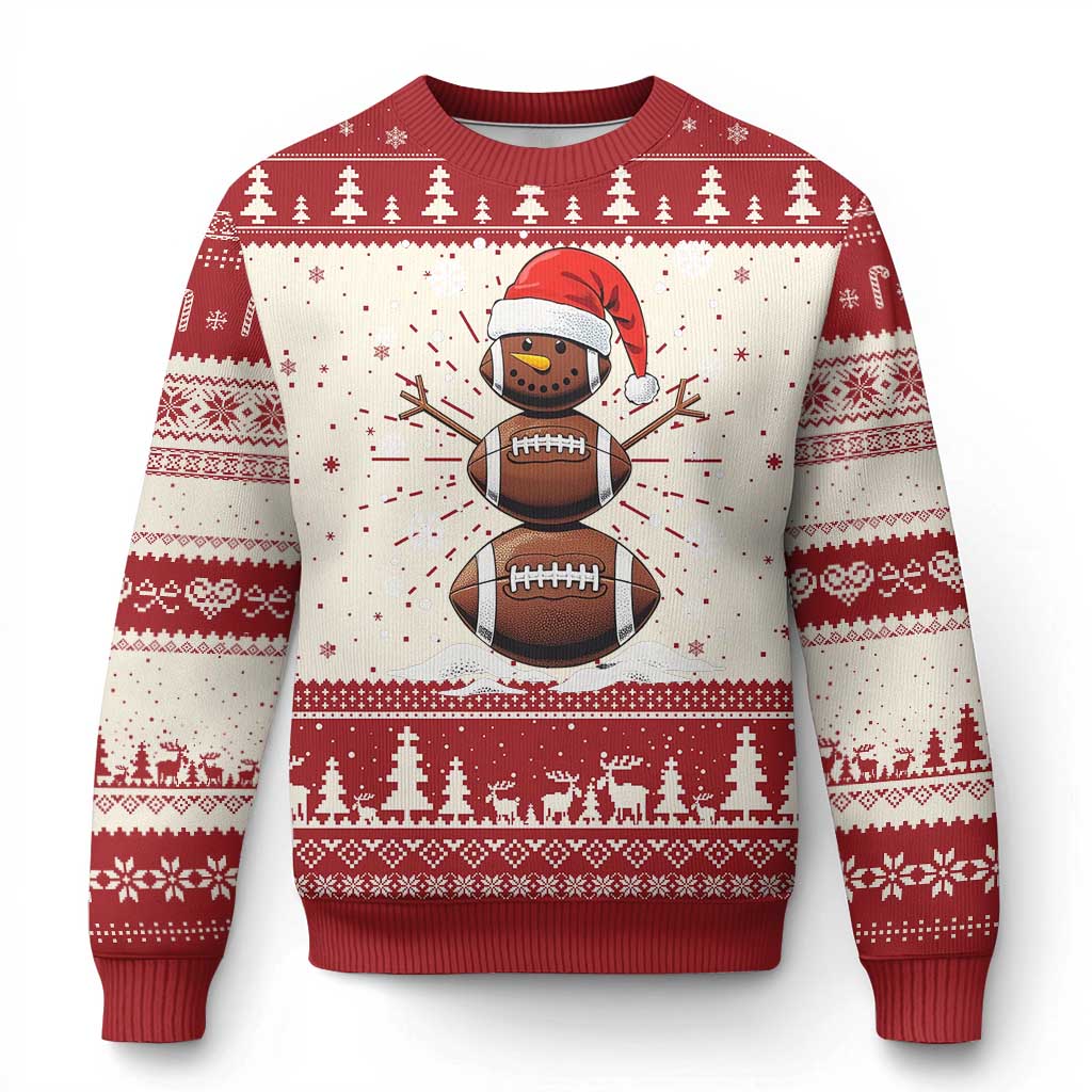 Red and white ugly Christmas sweater with cartoon football snowman and festive patterns