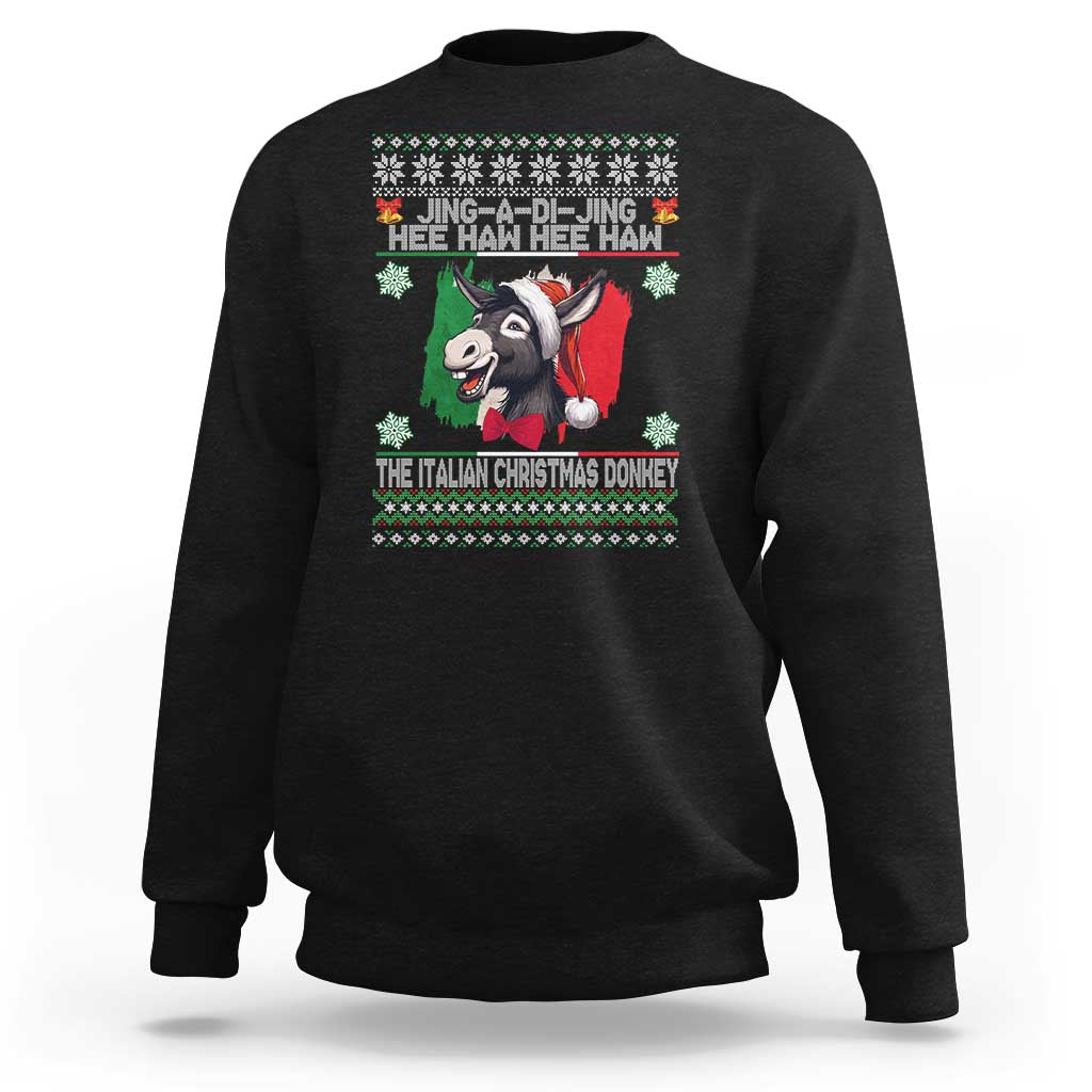 Black crewneck sweatshirt with donkey holiday graphic and Italian Christmas text