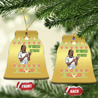 Gold bell-shaped Christmas ornaments showing front and back with rapper meme text.