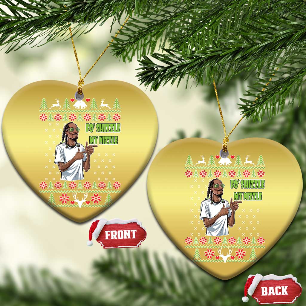 Gold heart-shaped Christmas ornaments on pine branches with rapper meme and 'FO' SHIZZLE MY NIZZLE'.