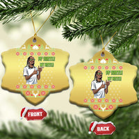 Gold star-shaped Christmas ornaments with rapper graphic and 'FO' SHIZZLE MY NIZZLE'.