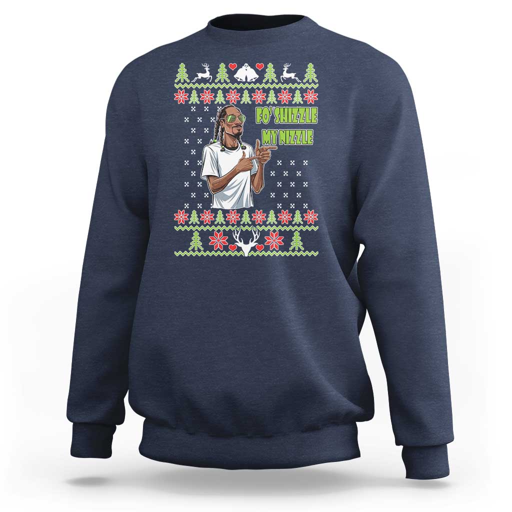 Navy Christmas graphic sweatshirt with front festive rapper meme illustration