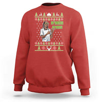 Red Christmas graphic sweatshirt with front festive rapper meme illustration