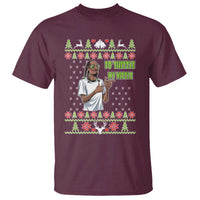 Maroon Christmas T-shirt with rapper meme graphic and fair isle holiday pattern