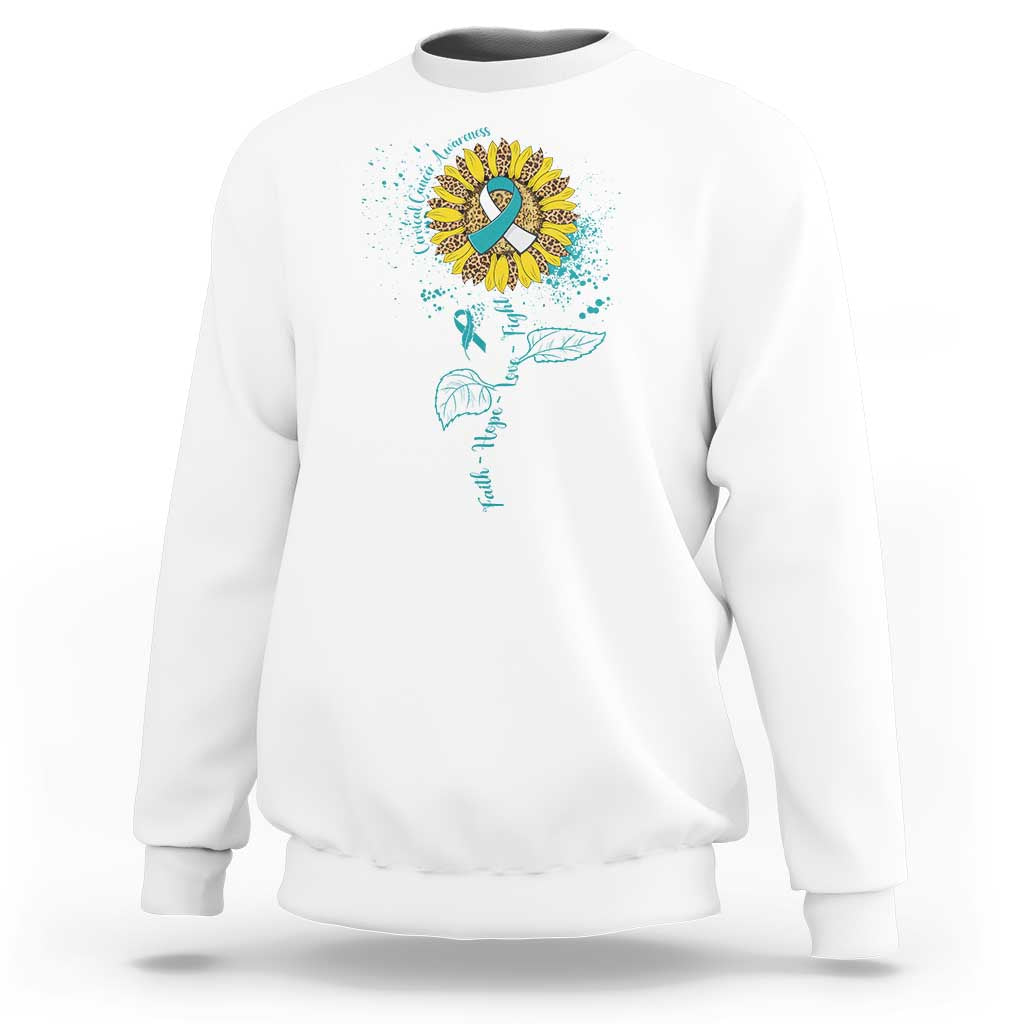 White crewneck sweatshirt with teal ribbon and floral awareness graphic on chest