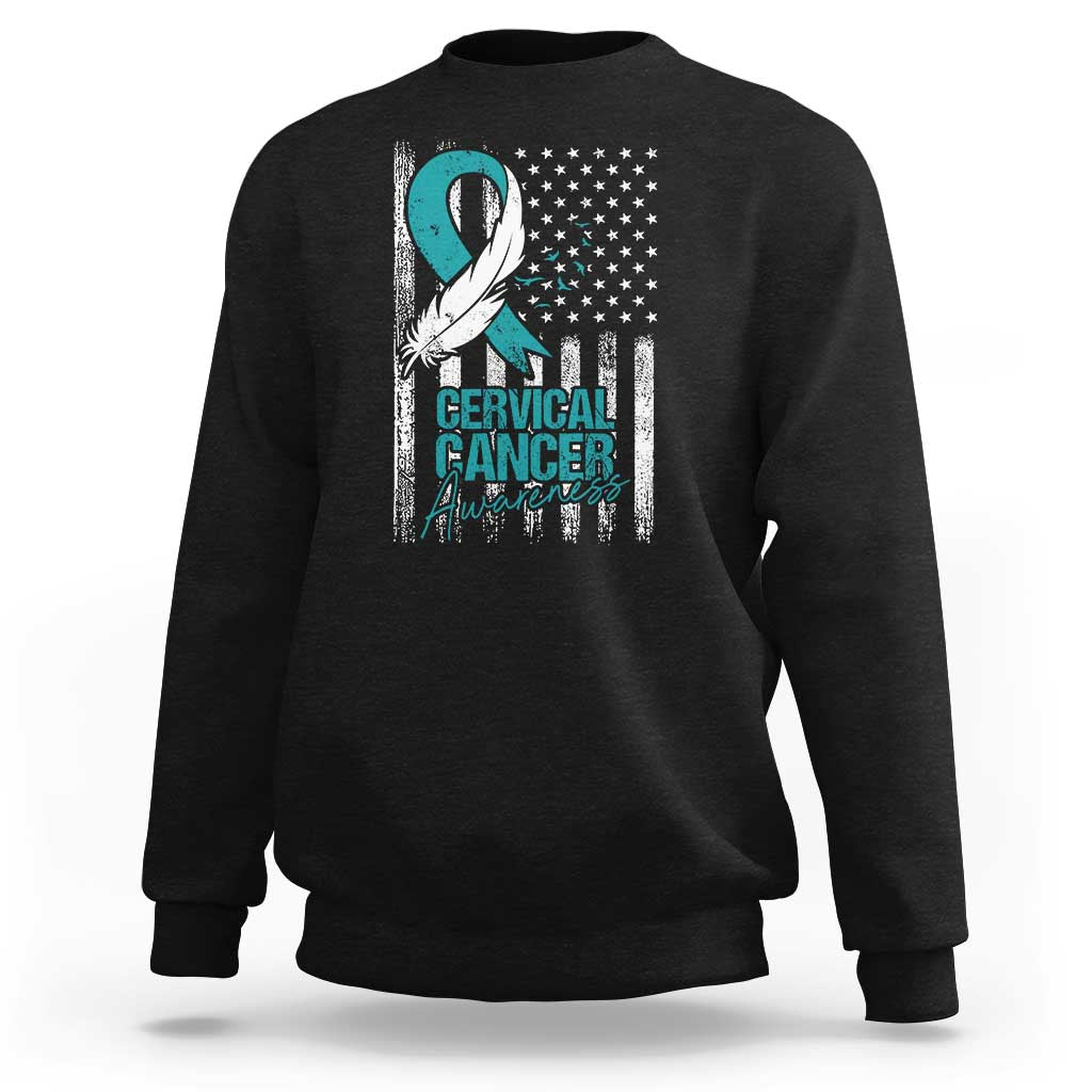 Black crewneck sweatshirt with teal ribbon, US flag stars graphic, and cervical cancer text
