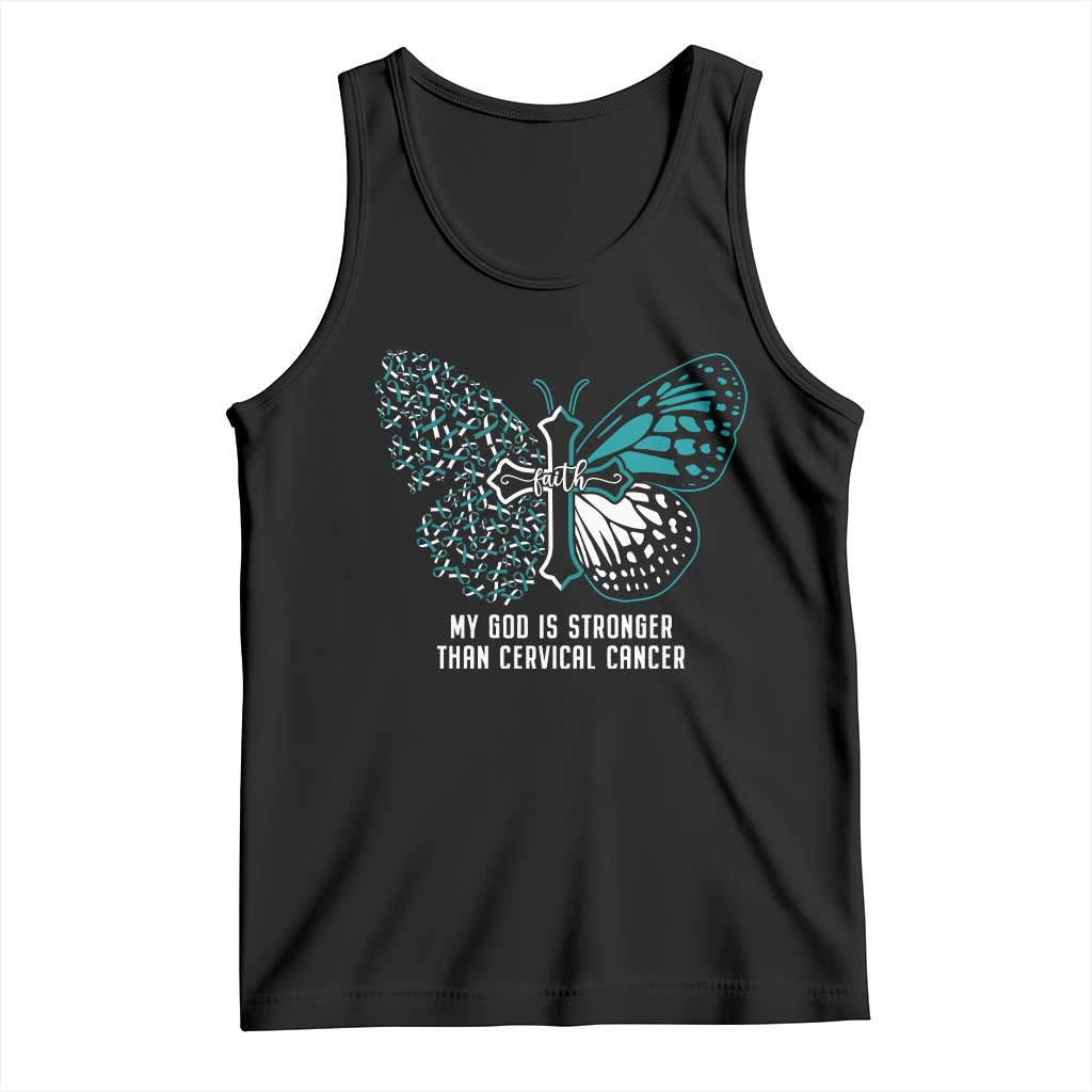 Cervical Cancer Warrior Tank Top My God is Stronger Teal And White Butterfly Christian Cross Faith