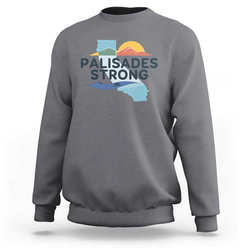 Charcoal crewneck sweatshirt with 'PALISADES STRONG' California map graphic.