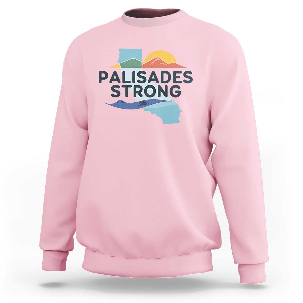 Light pink crewneck sweatshirt with 'PALISADES STRONG' California map graphic.