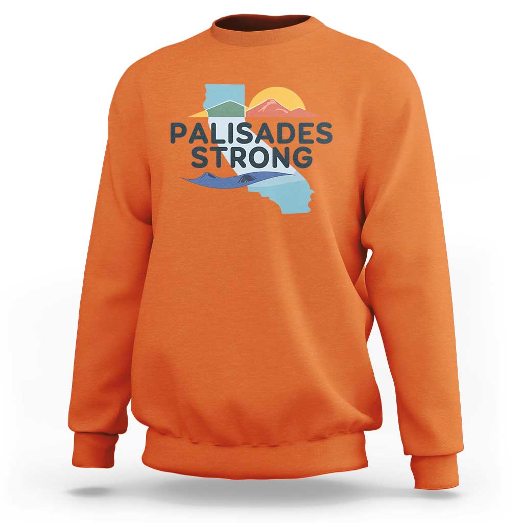 Orange crewneck sweatshirt with 'PALISADES STRONG' California map graphic.
