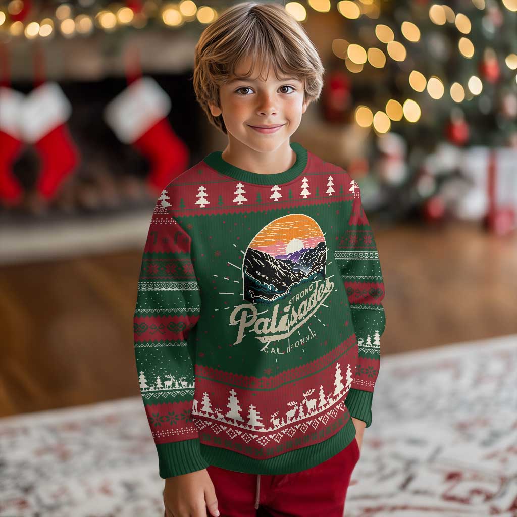 Kids knitted sweatshirt in green and red with mountain sunset front and holiday pattern