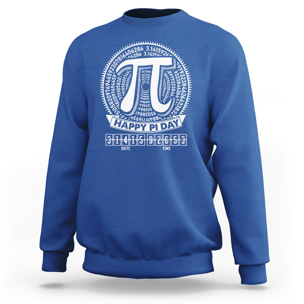 Royal blue Pi Day sweatshirt with large pi symbol and “Happy Pi Day” graphic on front