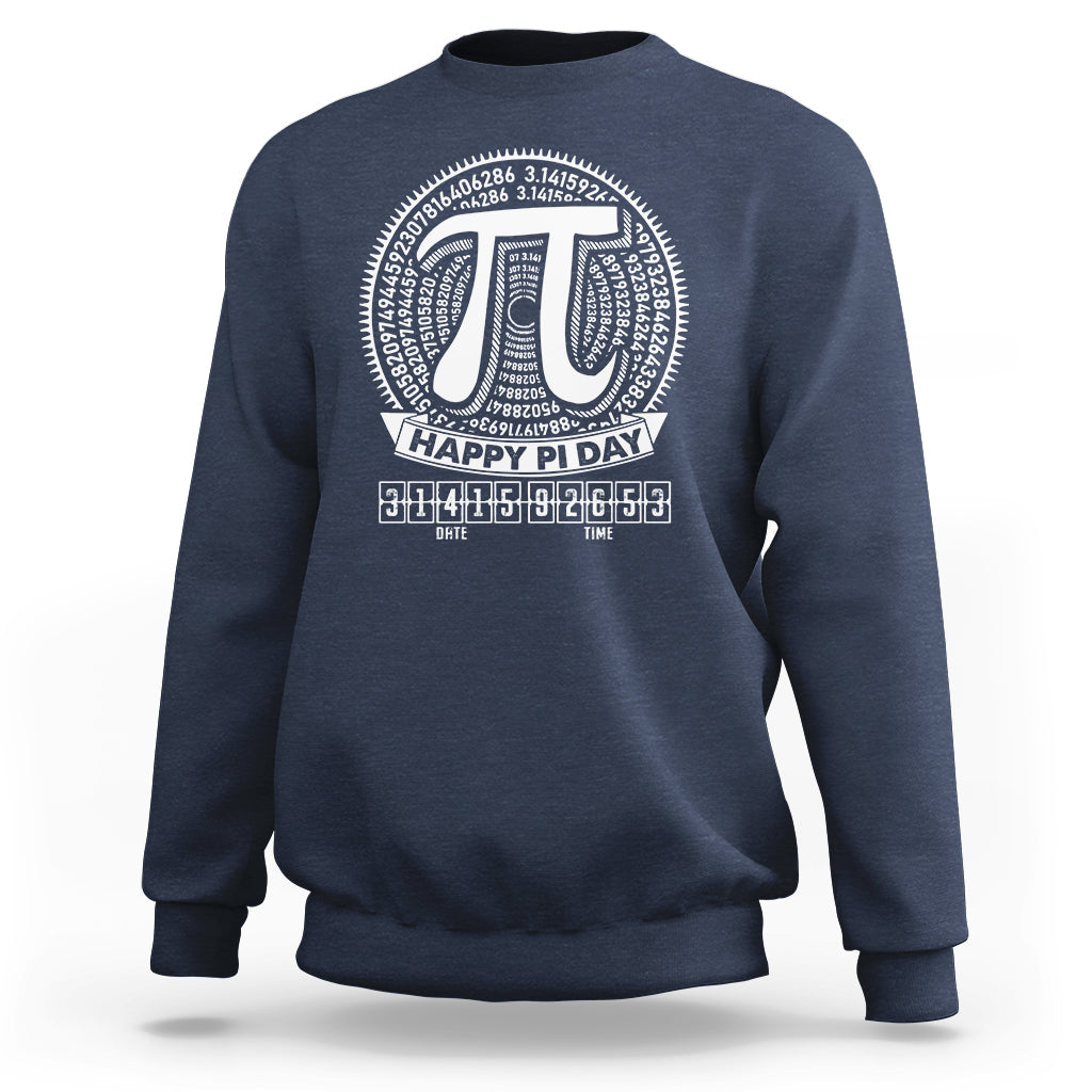 Navy Pi Day sweatshirt with large pi symbol and “Happy Pi Day” graphic on front