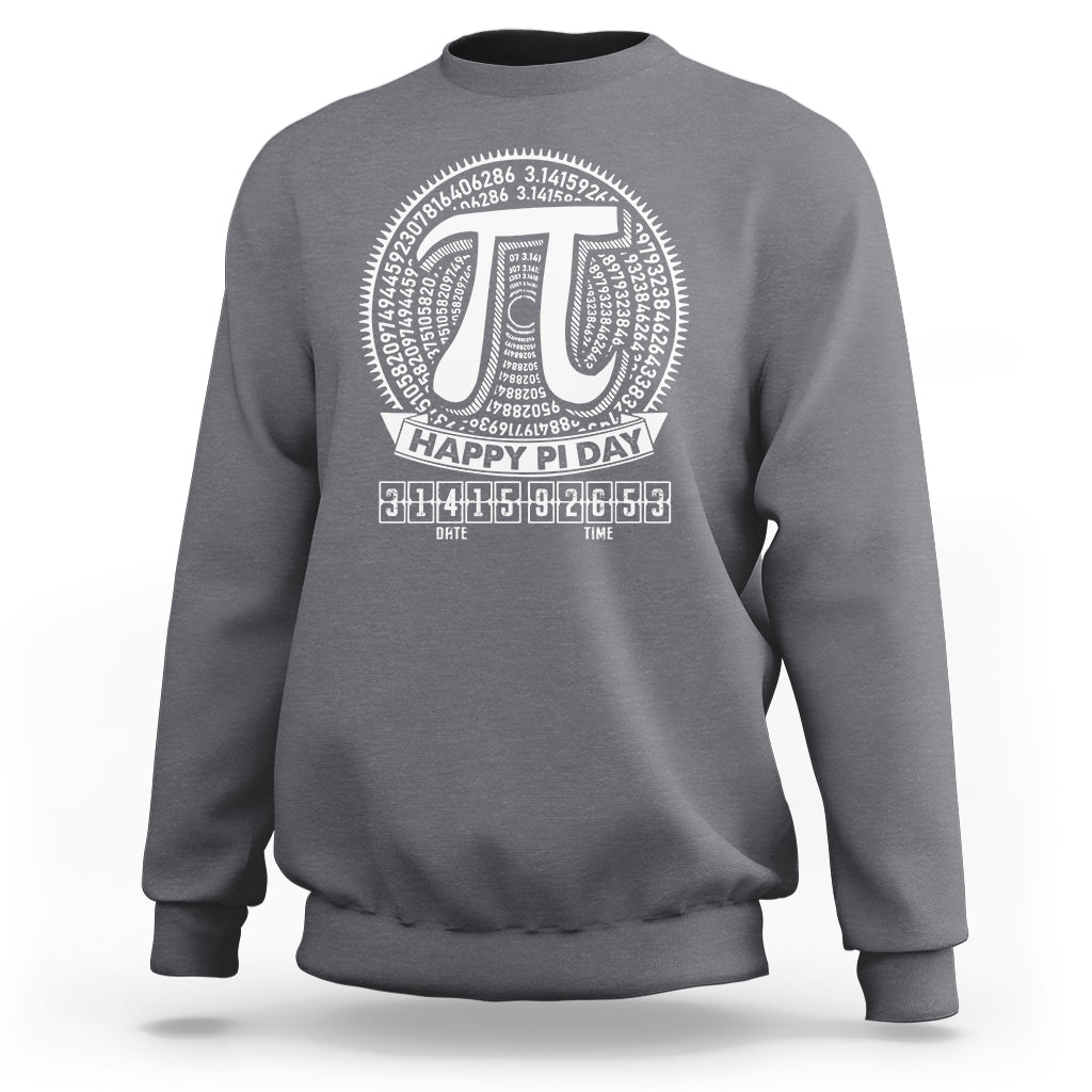 Charcoal gray Pi Day sweatshirt with large pi symbol and “Happy Pi Day” graphic on front
