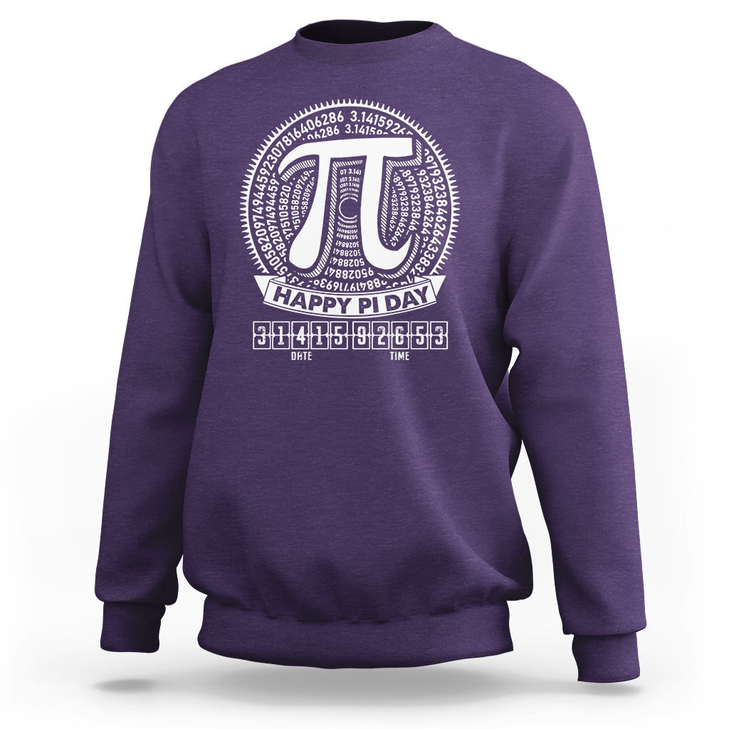 Purple Pi Day sweatshirt with large pi symbol and “Happy Pi Day” graphic on front