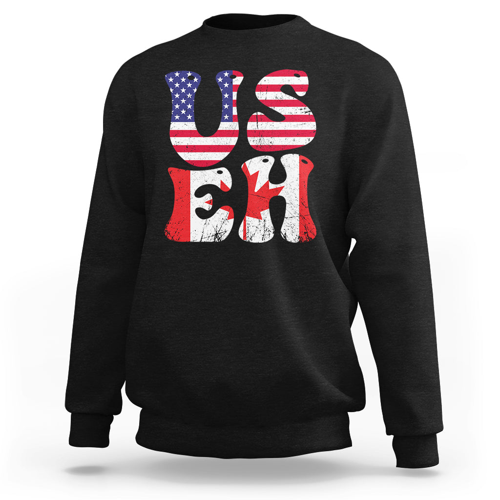 Black crewneck sweatshirt with American and Canada bear graphic, long sleeves