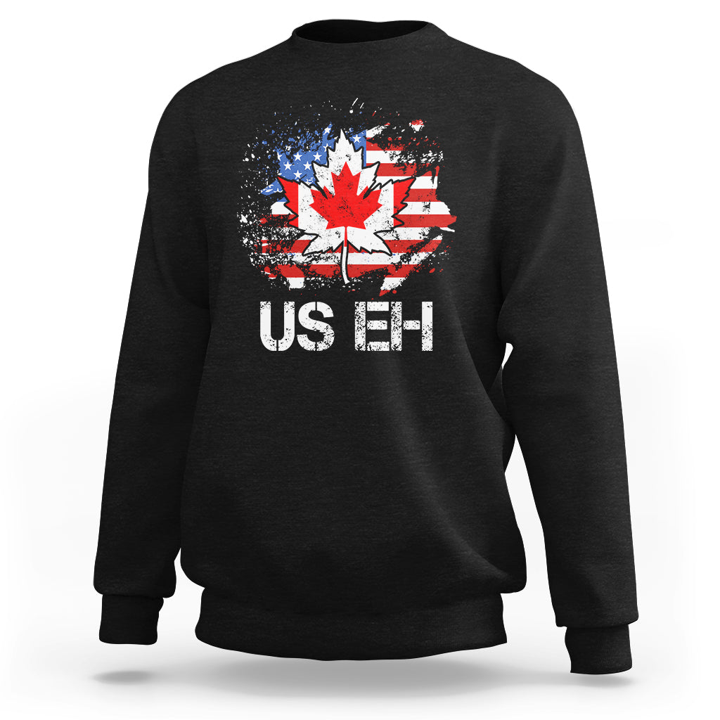 Black sweatshirt with distressed Canada flag graphic and “US EH” print