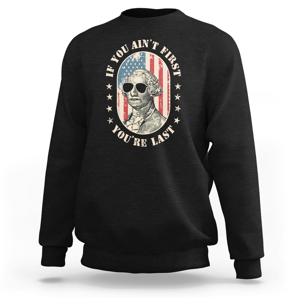 Black crewneck sweatshirt with oval George Washington portrait graphic and quote