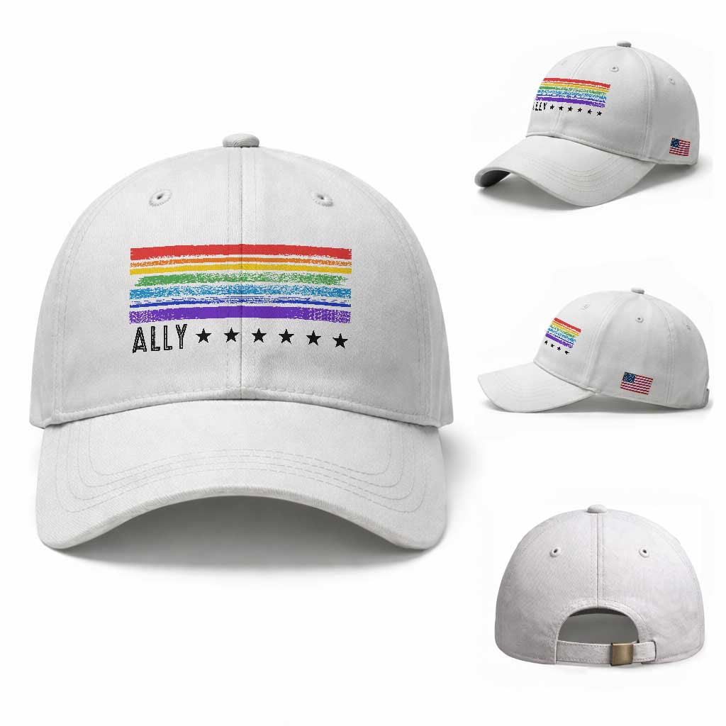 Retro Rainbow Ally Distressed Stripes Graphic Baseball Cap LGBTQ Support Pride Month