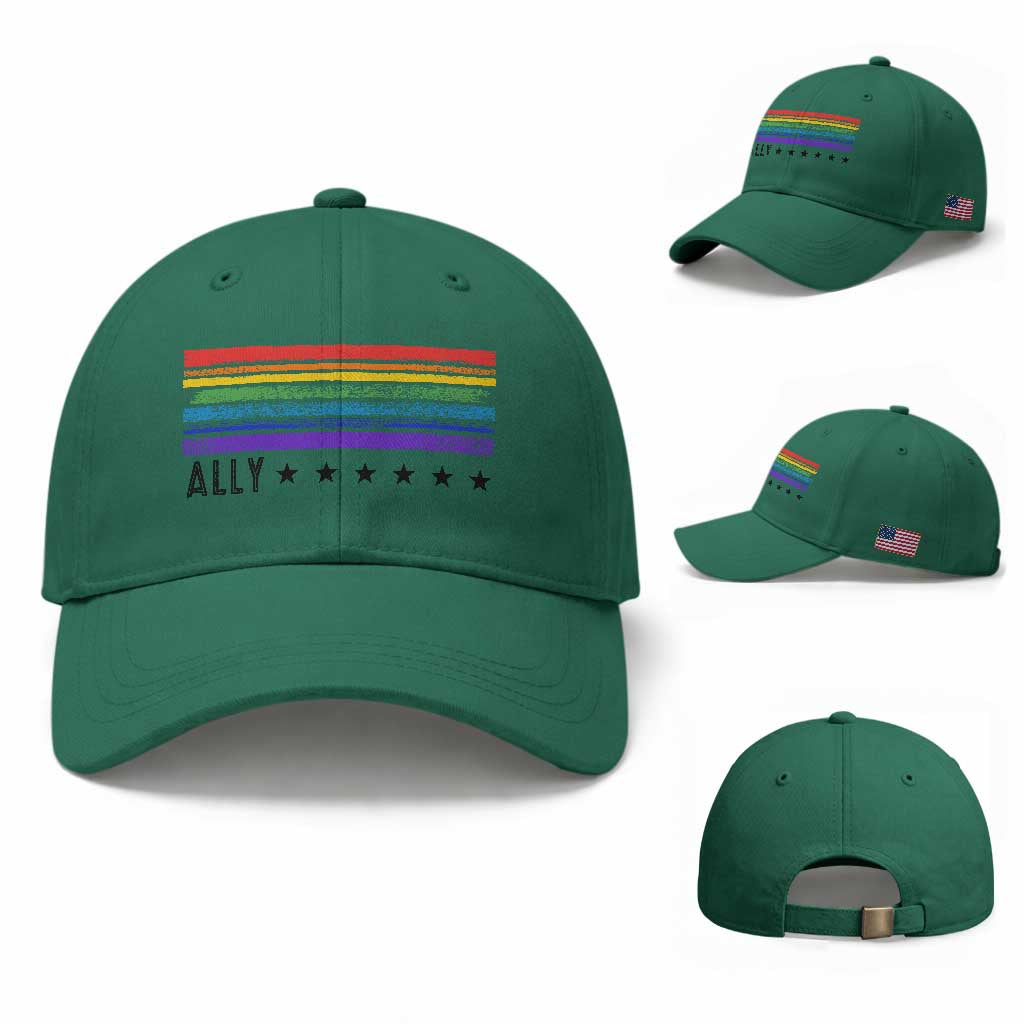 Retro Rainbow Ally Distressed Stripes Graphic Baseball Cap LGBTQ Support Pride Month