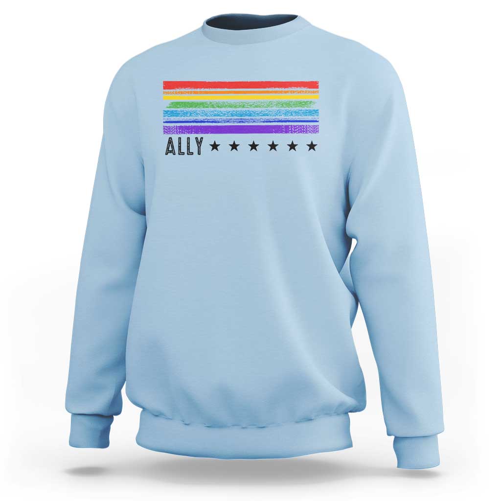 Retro Rainbow Ally Distressed Stripes Graphic Sweatshirt LGBTQ Support Pride Month