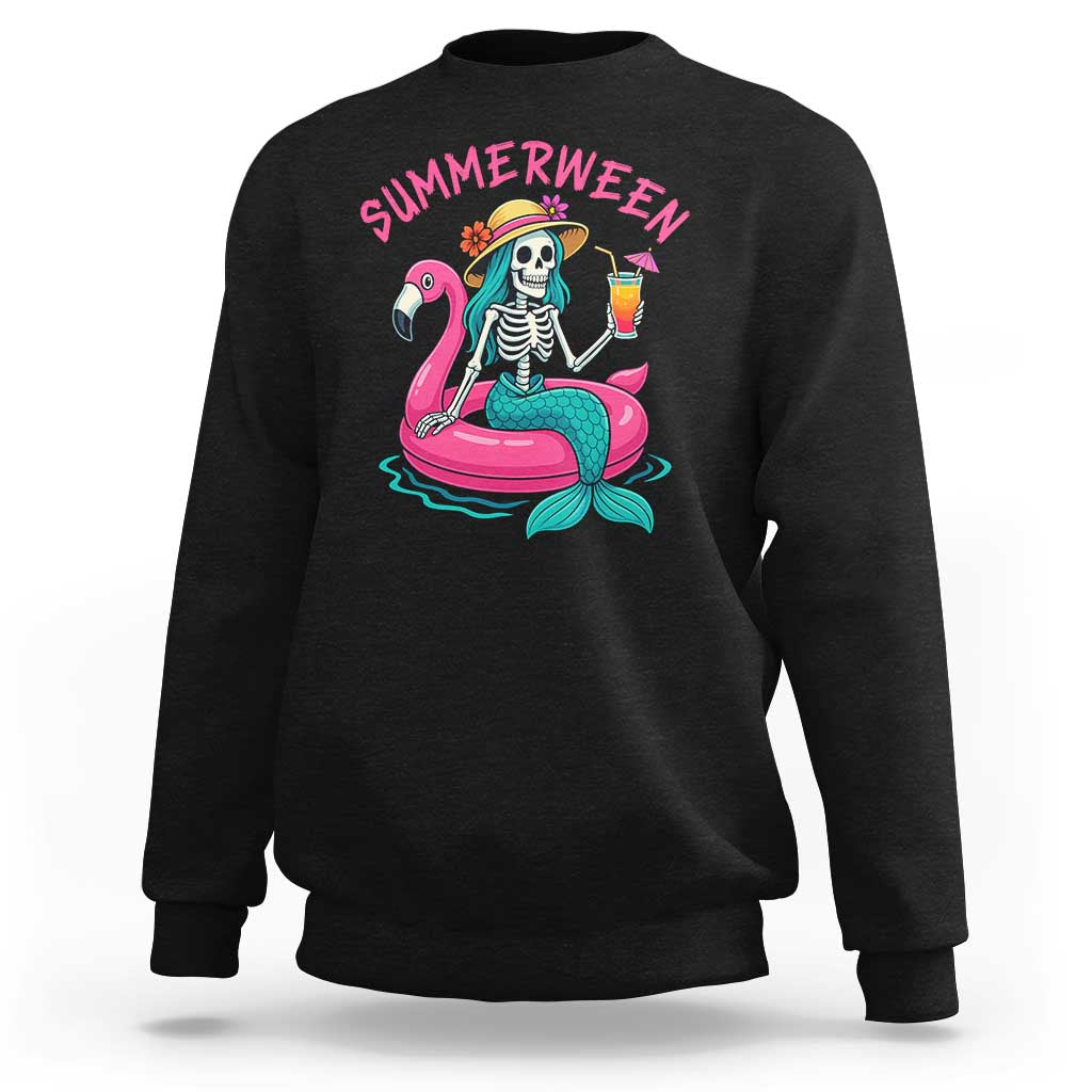 Summerween Skeleton Mermaid Sweatshirt Flamingo Float Funny Spooky Summer Halloween Vibes - Wonder Print Shop