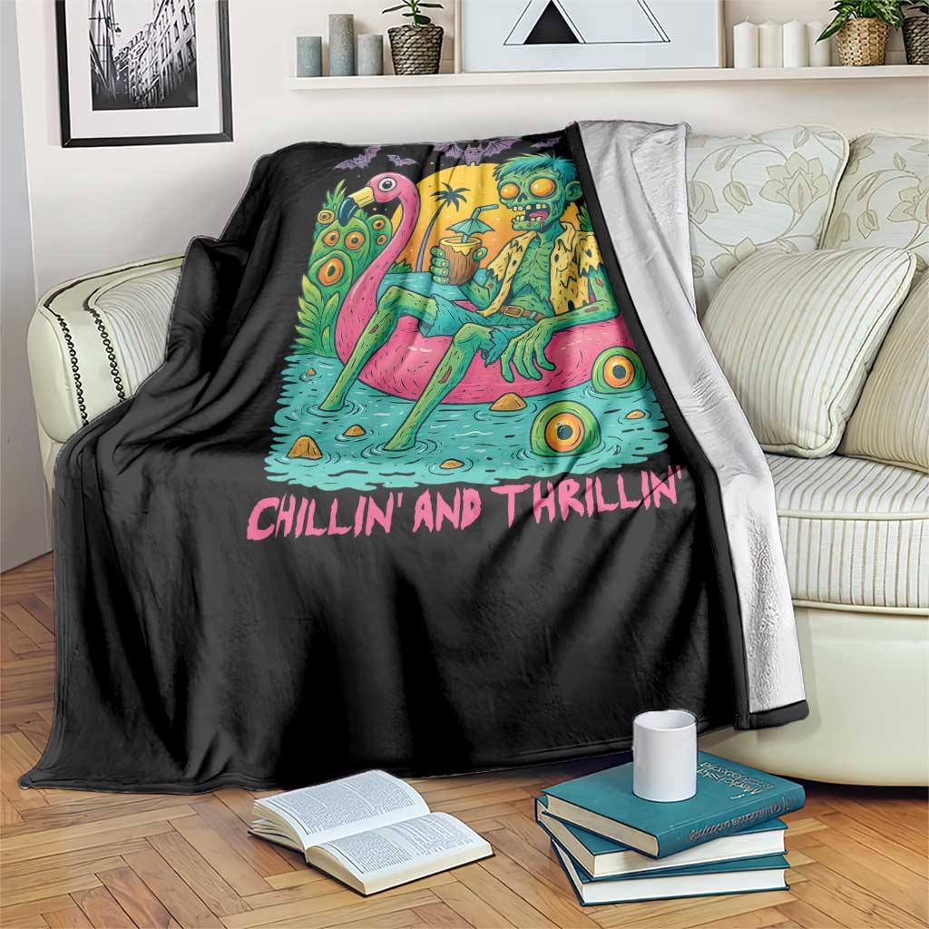 Summerween Zombie Pool Party Throw Blanket Chillin and Thrillin Flamingo Float Summer Halloween