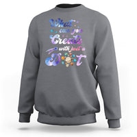 Charcoal crewneck sweatshirt with colorful 'What can you Create with just a Dot' graphic