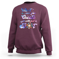 Maroon crewneck sweatshirt with colorful 'What can you Create with just a Dot' graphic