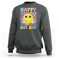 Dark heather gray sweatshirt with “Happy Dot Day” smiley face graphic, long sleeves
