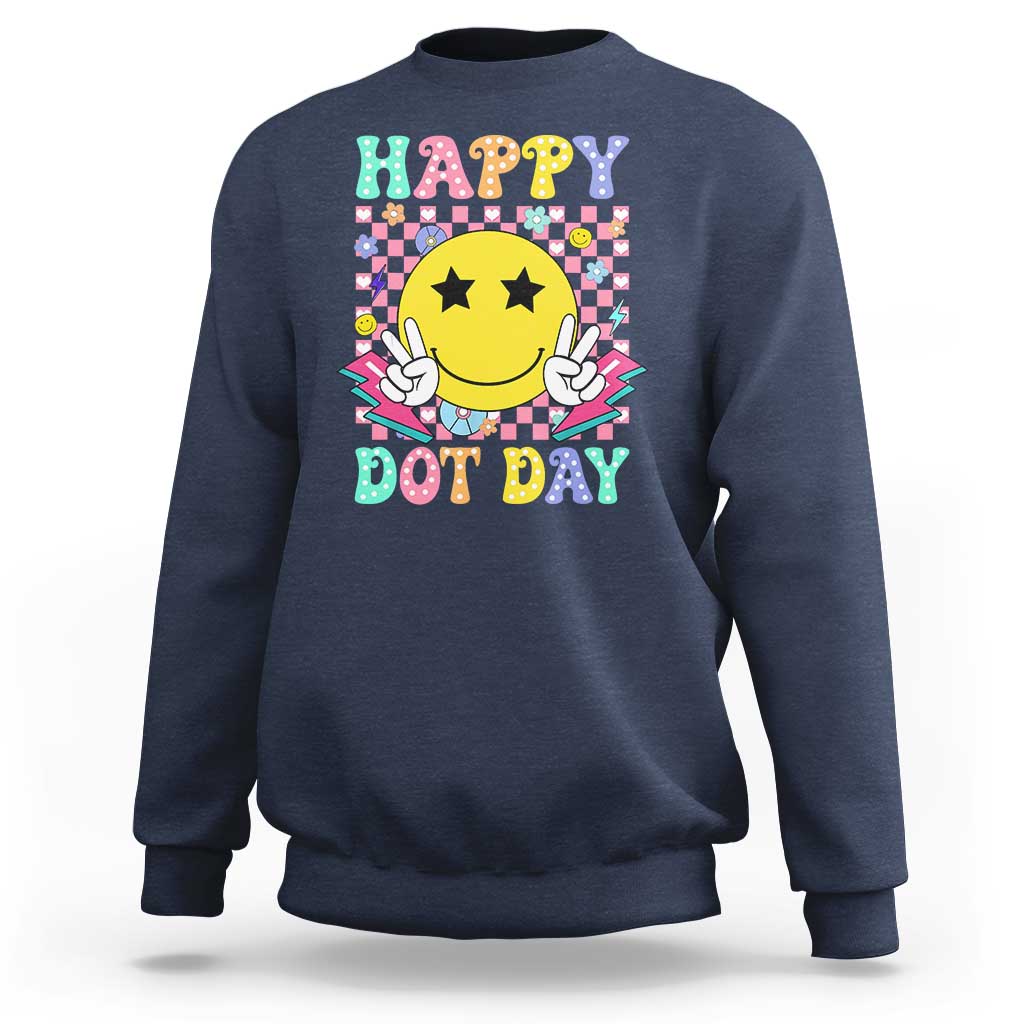 Blue sweatshirt with “Happy Dot Day” smiley face graphic, long sleeves, crew neck
