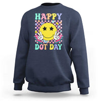 Blue sweatshirt with “Happy Dot Day” smiley face graphic, long sleeves, crew neck