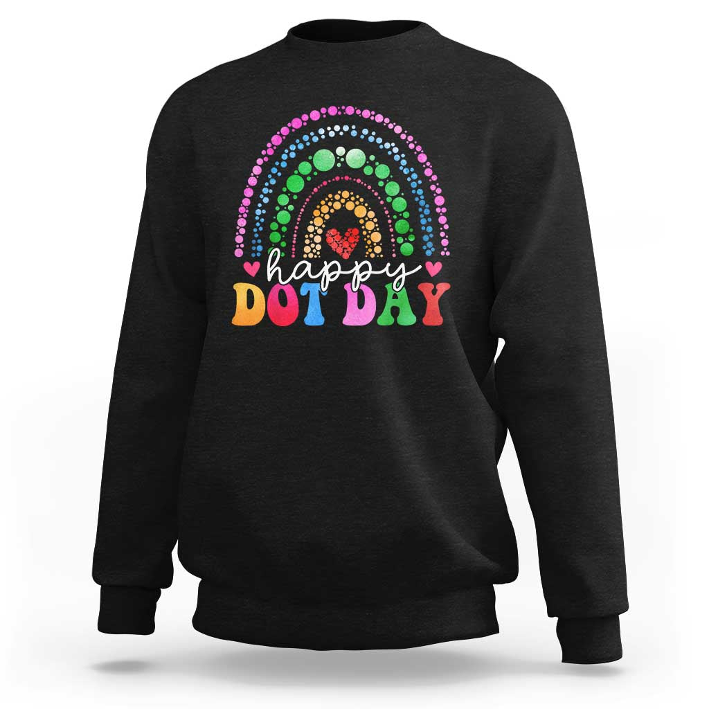 Black crewneck sweatshirt with rainbow 'Happy Dot Day' graphic at chest
