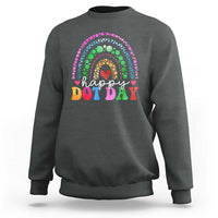 Charcoal crewneck sweatshirt with rainbow 'Happy Dot Day' graphic at chest