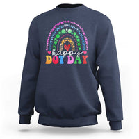 Navy crewneck sweatshirt with rainbow 'Happy Dot Day' graphic at chest