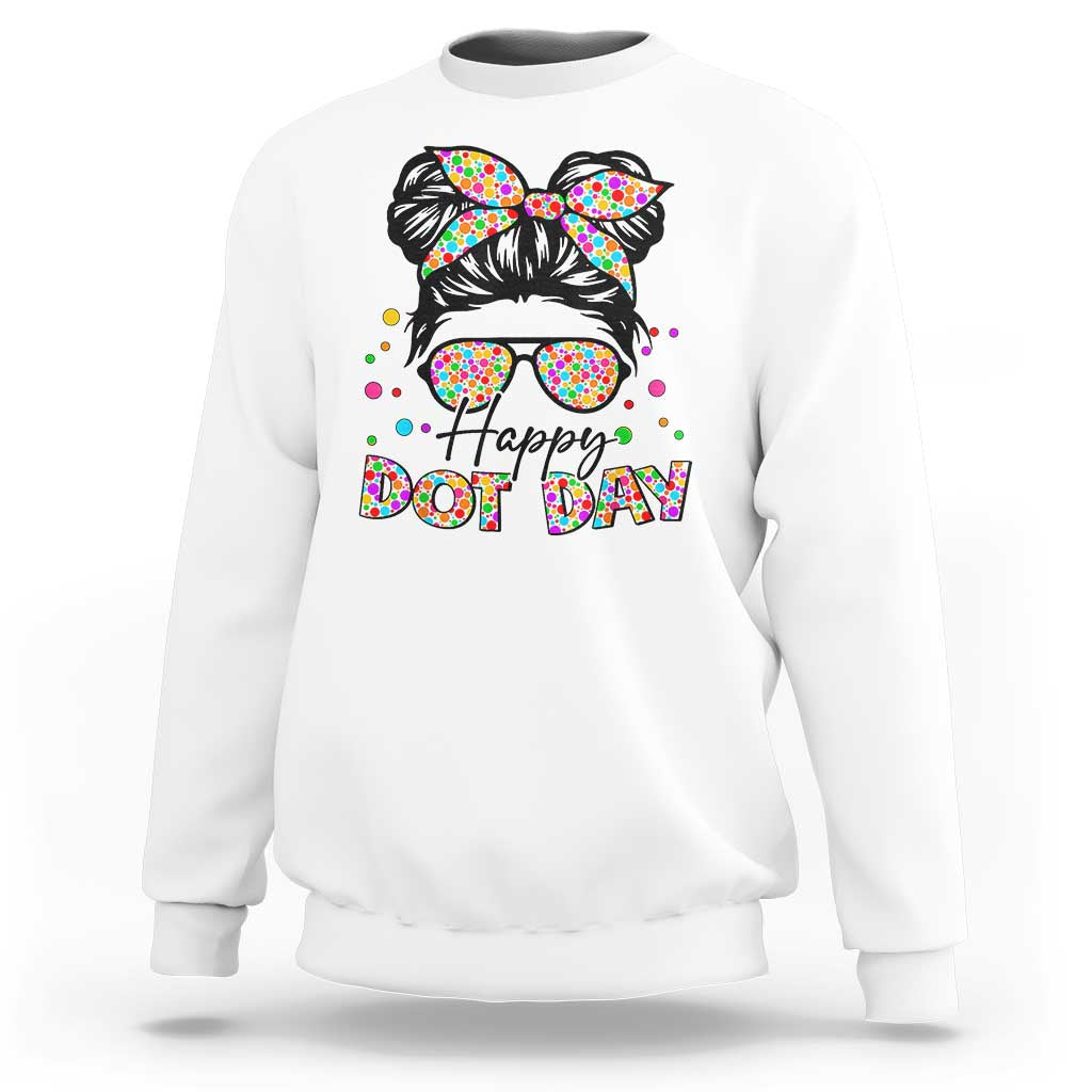 White kids sweatshirt with cat graphic, bow and sunglasses, “Happy Dot Day” print
