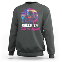 Charcoal crewneck sweatshirt with astronaut graphic and “Creed ’24 Take Me Higher” text