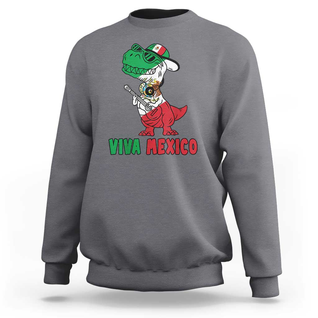 Charcoal crewneck sweatshirt with green dinosaur graphic, 'VIVA MEXICO' text